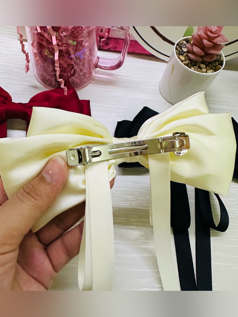 (Pack-3) Satin Bow Hair Clip - Ivory, Black, Burgundy - Picture 5 of 5